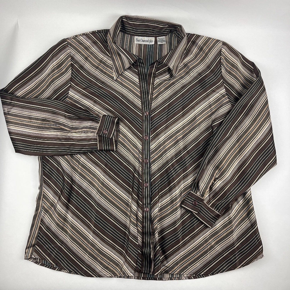 Blue Diamond Plu Button Up Shirt Women 20 Black Brown Striped